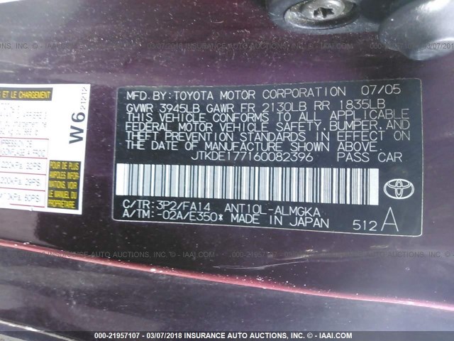 JTKDE177160082396 - 2006 TOYOTA SCION TC 勃艮第红 照片 9