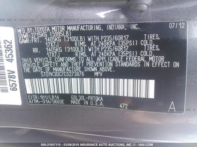 5TDYK3DC7CS273876 - 2012 TOYOTA SIENNA XLE/LIMITED GRAY photo 9