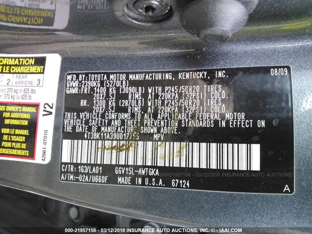 4T3BK11A39U017755 - 2009 TOYOTA VENZA GRAY photo 9