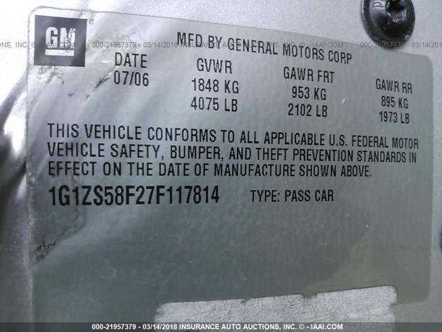 1G1ZS58F27F117814 - 2007 CHEVROLET MALIBU LS 银色 照片 9