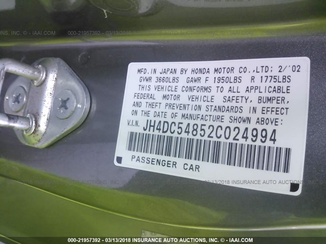 JH4DC54852C024994 - 2002 ACURA RSX Champagne photo 9