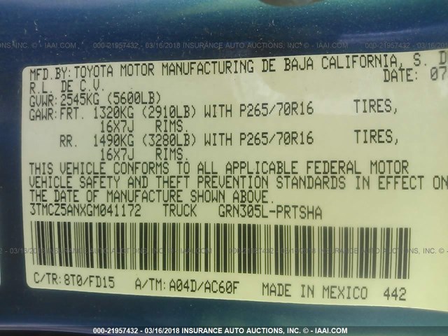 3TMCZ5ANXGM041172 - 2016 TOYOTA TACOMA DBL CAB/SR/SR5/TRD SPT/OR BLUE photo 9