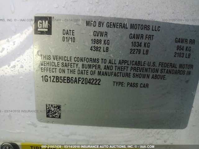 1G1ZB5EB6AF204222 - 2010 CHEVROLET MALIBU LS 白色 照片 9