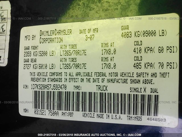 1D7KS28A57J592470 - 2007 DODGE RAM 2500 ST/SLT 蓝色 照片 9