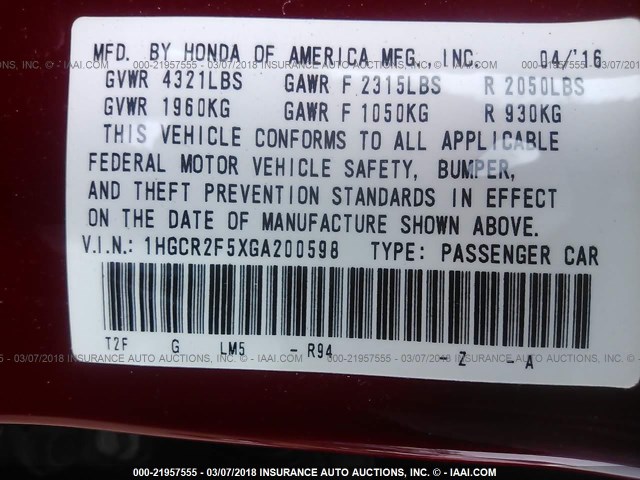 1HGCR2F5XGA200598 - 2016 HONDA ACCORD SPORT 红色 照片 9