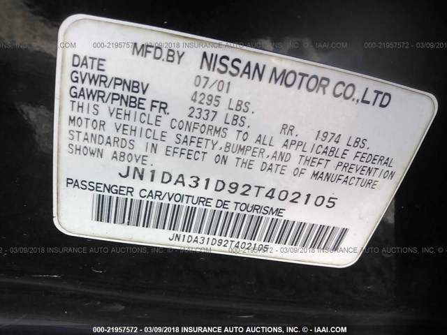 JN1DA31D92T402105 - 2002 NISSAN MAXIMA GLE/GXE/SE BLACK photo 9