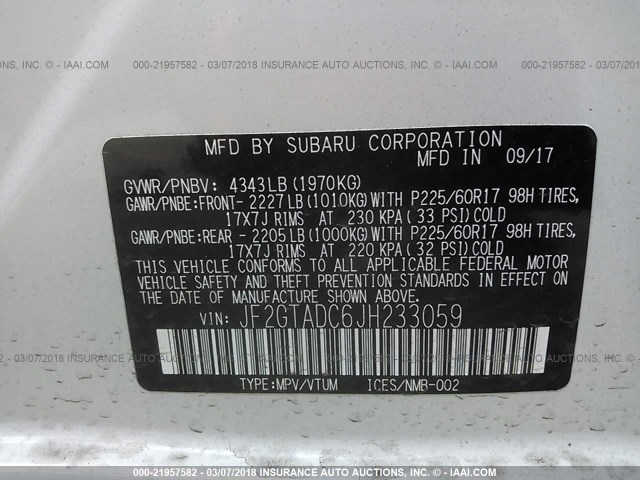 JF2GTADC6JH233059 - 2018 SUBARU CROSSTREK PREMIUM Ақ фото 9