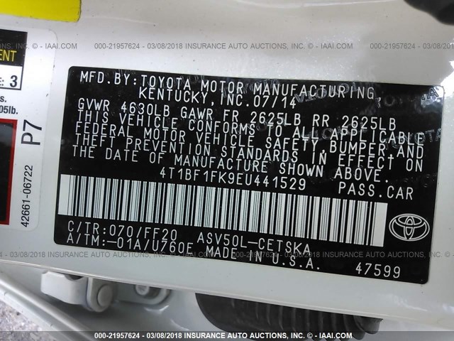 4T1BF1FK9EU441529 - 2014 TOYOTA CAMRY L/SE/LE/XLE 白色 照片 9