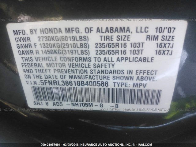 5FNRL38618B400588 - 2008 HONDA ODYSSEY EXL GRAY photo 9