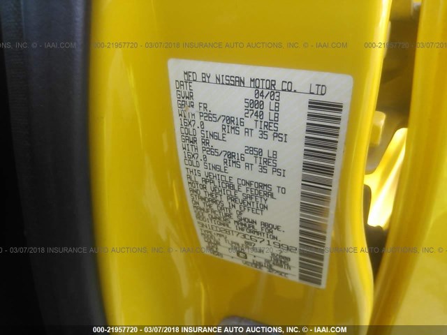 5N1ED28T73C671992 - 2003 NISSAN XTERRA XE/SE YELLOW photo 9