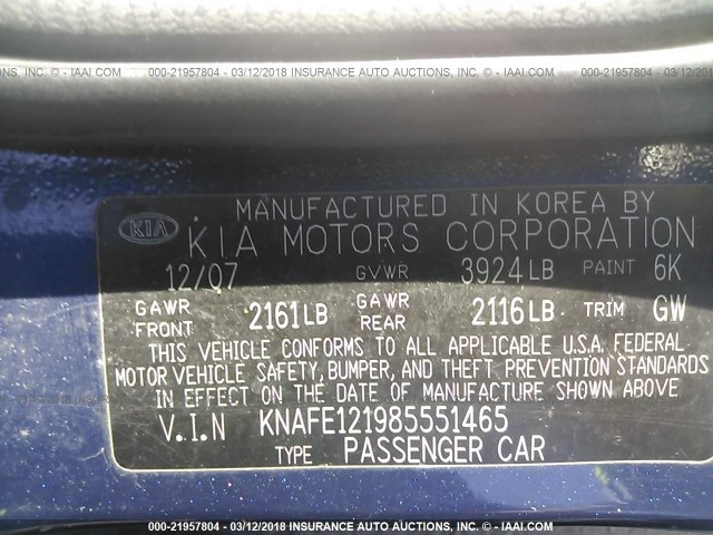 KNAFE121985551465 - 2008 KIA SPECTRA EX/LX/SX BLUE photo 9