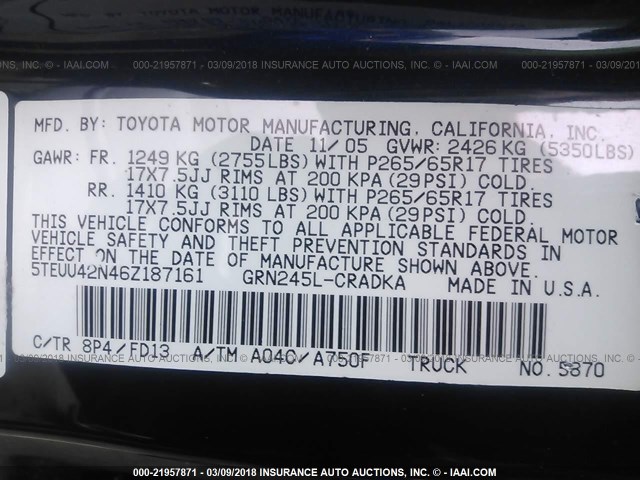 5TEUU42N46Z187161 - 2006 TOYOTA TACOMA ACCESS CAB BLUE photo 9