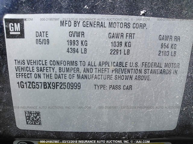 1G1ZG57BX9F250999 - 2009 CHEVROLET MALIBU LS 蓝色 照片 9