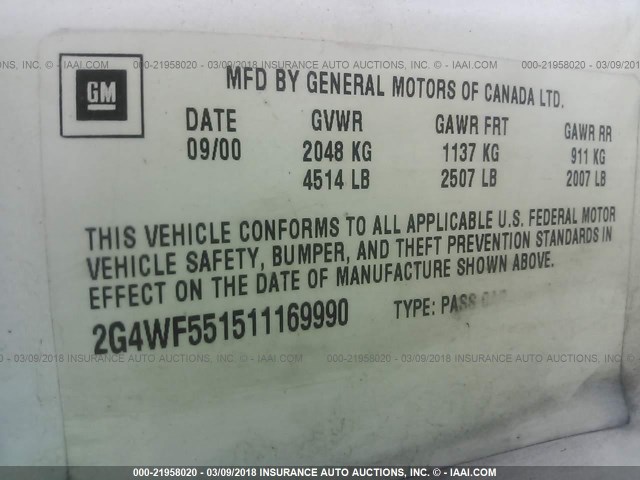 2G4WF551511169990 - 2001 BUICK REGAL GS WHITE photo 9