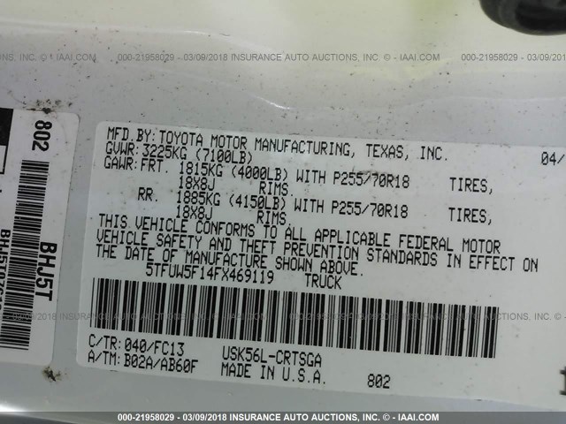 5TFUW5F14FX469119 - 2015 TOYOTA TUNDRA DOUBLE CAB SR/SR5 WHITE photo 9