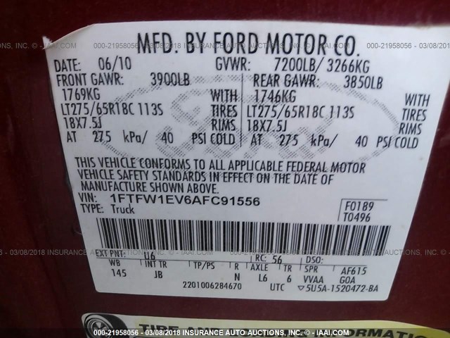 1FTFW1EV6AFC91556 - 2010 FORD F150 SUPERCREW RED photo 9
