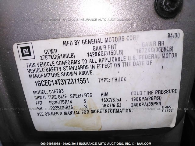 1GCEC14T3YZ311551 - 2000 CHEVROLET SILVERADO C1500 GOLD photo 9