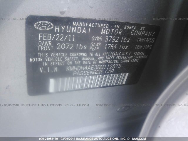 KMHDH4AE3BU112875 - 2011 HYUNDAI ELANTRA GLS/LIMITED GRAY photo 9