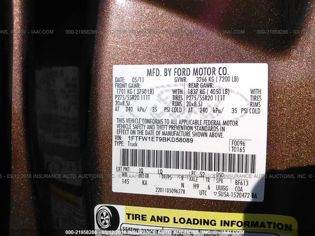 1FTFW1ET9BKD58089 - 2011 FORD F150 SUPERCREW BROWN photo 9