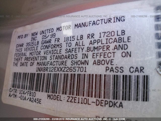 1NXBR12EXXZ265701 - 1999 TOYOTA COROLLA VE/CE/LE 银色 照片 9