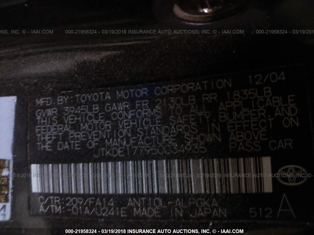 JTKDE177950034935 - 2005 TOYOTA SCION TC 黑色 照片 9