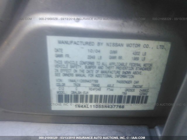 1N4AL11D55N437768 - 2005 NISSAN ALTIMA S/SL GRAY photo 9