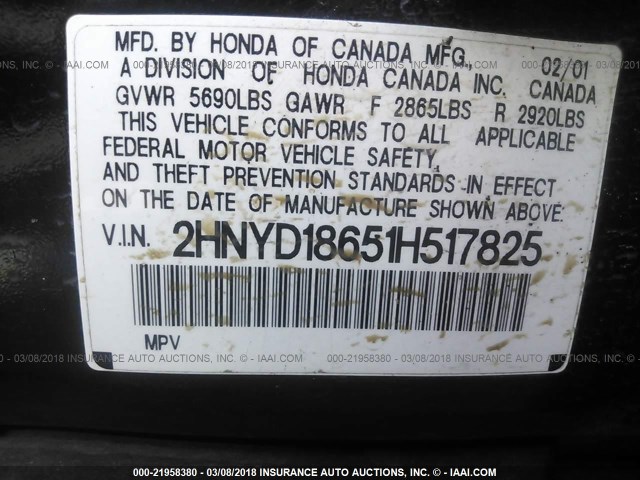 2HNYD18651H517825 - 2001 ACURA MDX TOURING BLACK photo 9