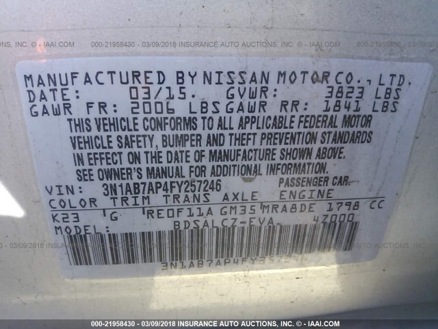 3N1AB7AP4FY257246 - 2015 NISSAN SENTRA S/SV/SR/SL SILVER photo 9