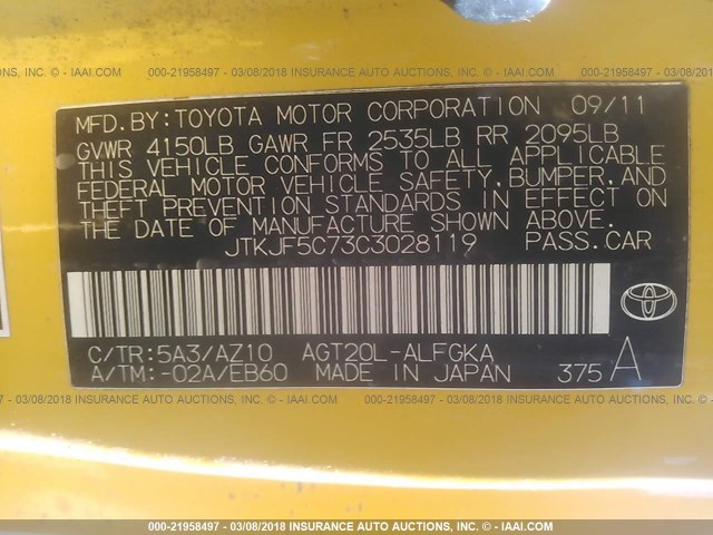JTKJF5C73C3028119 - 2012 TOYOTA SCION TC 黄色 照片 9