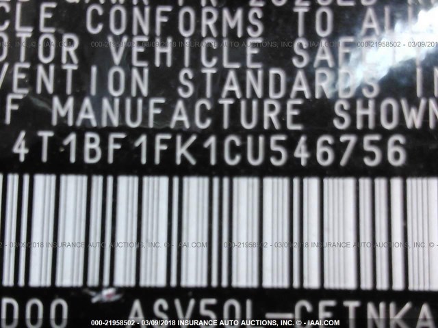 4T1BF1FK1CU546756 - 2012 TOYOTA CAMRY SE/LE/XLE MAROON photo 9