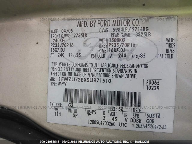 1FMZU73EX5UB71510 - 2005 FORD EXPLORER XLT/XLT SPORT/NBX 金色 照片 9