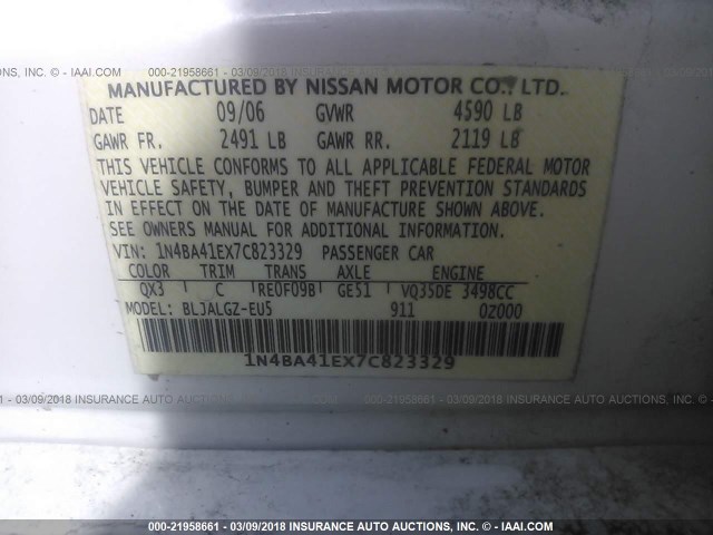 1N4BA41EX7C823329 - 2007 NISSAN MAXIMA SE/SL WHITE photo 9