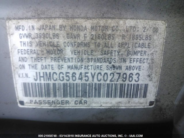 JHMCG5645YC027963 - 2000 HONDA ACCORD LX SILVER photo 9