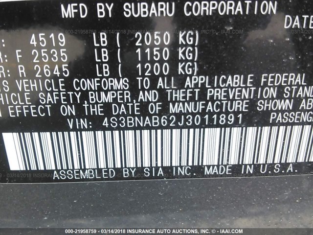 4S3BNAB62J3011891 - 2018 SUBARU LEGACY 2.5I GRAY photo 9