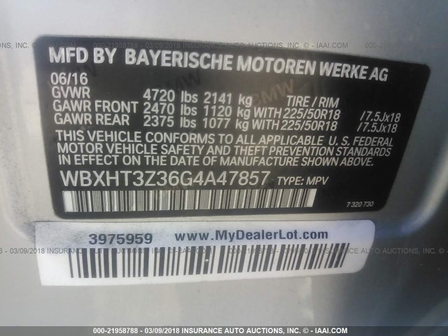 WBXHT3Z36G4A47857 - 2016 BMW X1 XDRIVE28I ვერცხლისფერი ფოტო 9