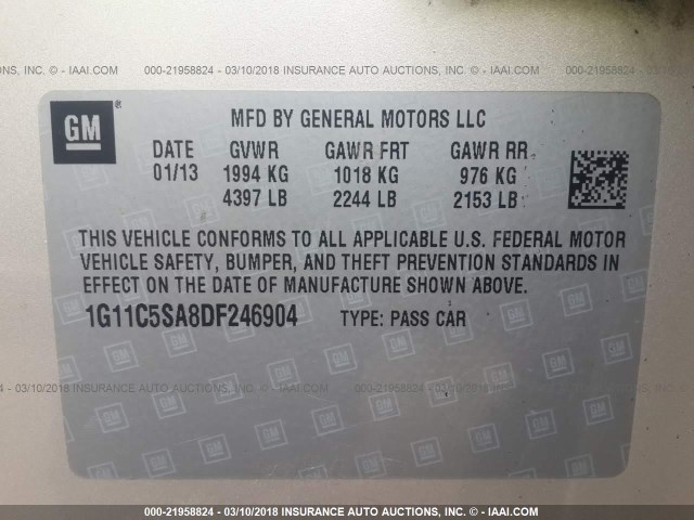 1G11C5SA8DF246904 - 2013 CHEVROLET MALIBU 1LT 米色 照片 9