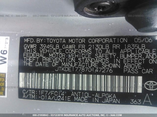 JTKDE177870147276 - 2007 TOYOTA SCION TC 银色 照片 9