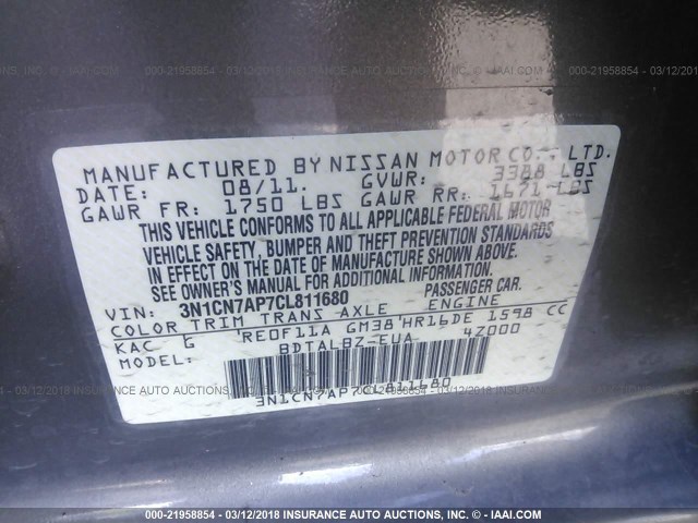 3N1CN7AP7CL811680 - 2012 NISSAN VERSA S/SV/SL GRAY photo 9