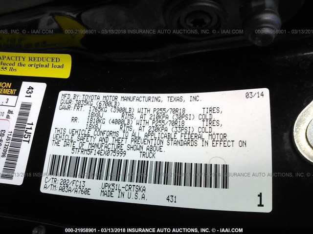 5TFRM5F14EX075999 - 2014 TOYOTA TUNDRA DOUBLE CAB SR/SR5 BLACK photo 9