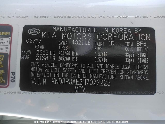 KNDJP3AE2H7022225 - 2017 KIA SOUL EV + WHITE photo 9