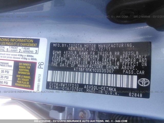 4T1BF1FK1CU535367 - 2012 TOYOTA CAMRY SE/LE/XLE 蓝色 照片 9