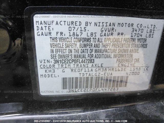 3N1CE2CP0FL447283 - 2015 NISSAN VERSA NOTE S/S PLUS/SV/SL/SR BLACK photo 9