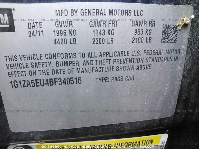 1G1ZA5EU4BF340516 - 2011 CHEVROLET MALIBU LS BLUE photo 9