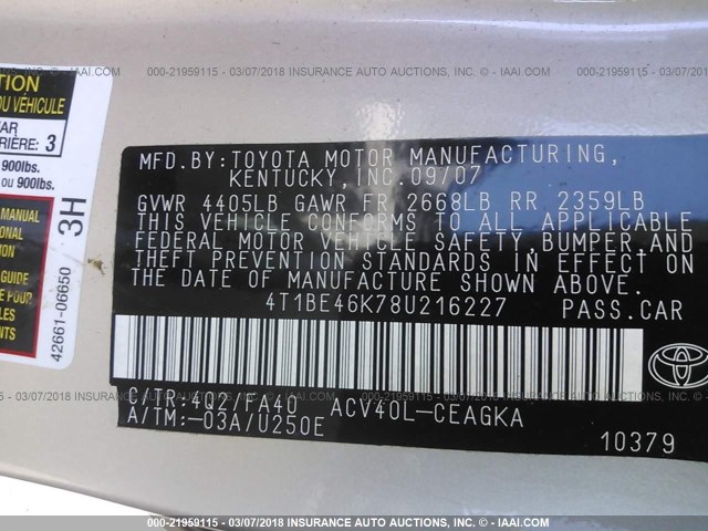 4T1BE46K78U216227 - 2008 TOYOTA CAMRY CE/LE/XLE/SE GOLD photo 9