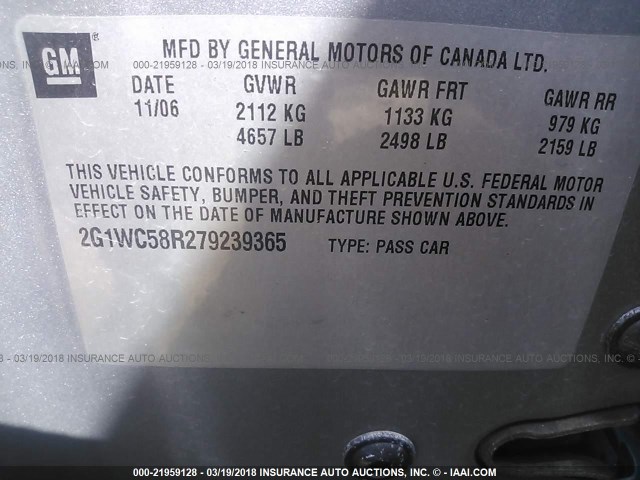 2G1WC58R279239365 - 2007 CHEVROLET IMPALA LT GRAY photo 9