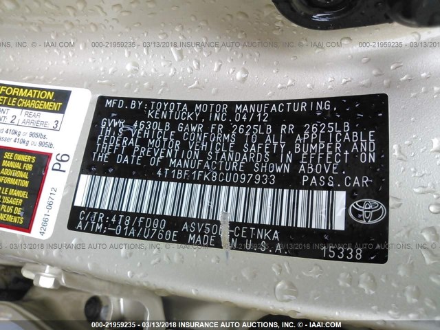 4T1BF1FK8CU097933 - 2012 TOYOTA CAMRY SE/LE/XLE GOLD photo 9