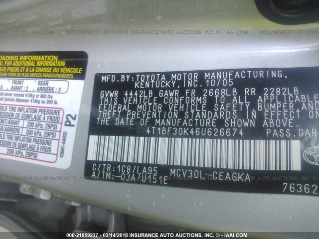 4T1BF30K46U626674 - 2006 TOYOTA CAMRY LE/XLE/SE ვერცხლისფერი ფოტო 9