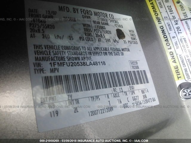 1FMFU20538LA48118 - 2008 FORD EXPEDITION LIMITED GRAY photo 9