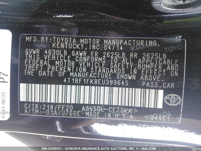 4T1BF1FK8EU399645 - 2014 TOYOTA CAMRY L/SE/LE/XLE 黑色 照片 9