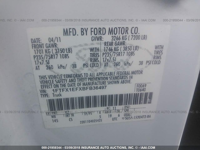 1FTFX1EFXBFB36497 - 2011 FORD F150 SUPER CAB WHITE photo 9